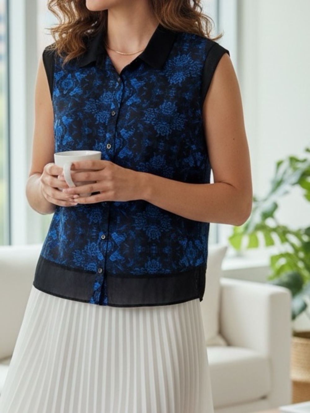 👛 2/$15 Roomy NORTHERN REFLECTIONS Hi-Lo Blue/Black Blouse Mesh Detail